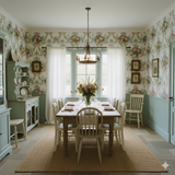 Floral Jardin du Ciel Wallpaper with floral patterns, styled in a traditional dining room.
