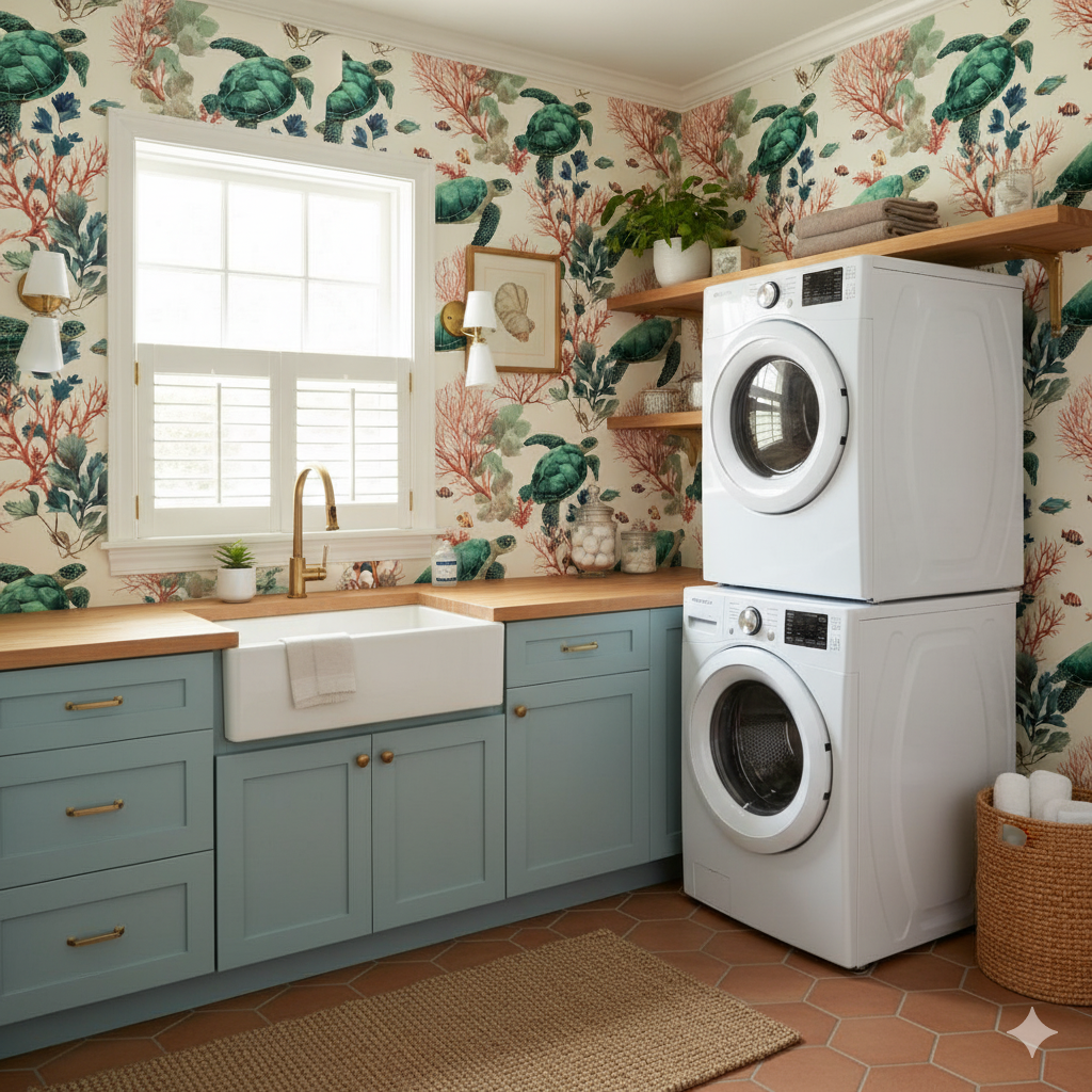 Coral Passage wallpaper with sea turtle pattern, coral and fish designs scattered across a cream background.

