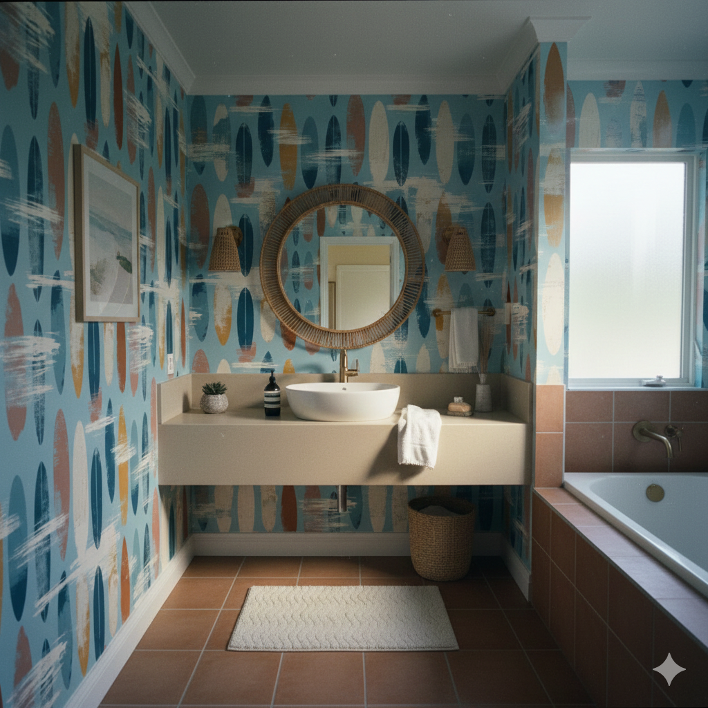 Surf-themed wallpaper with surfboard pattern by Wallshoppe, featuring blue, orange, and white hues in a bathroom setting.