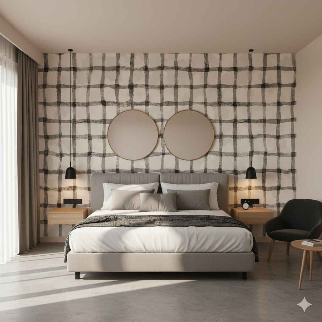 Quarry Grid Wallpaper with a black and white plaid pattern on a bedroom wall.