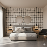 Quarry Grid Wallpaper with a black and white plaid pattern on a bedroom wall.