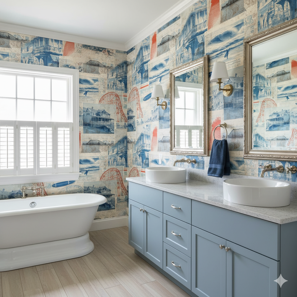 Shoreline Souvenir Wallpaper with a collage pattern of coastal scenes and architecture.