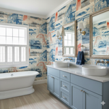 Shoreline Souvenir Wallpaper with a collage pattern of coastal scenes and architecture.