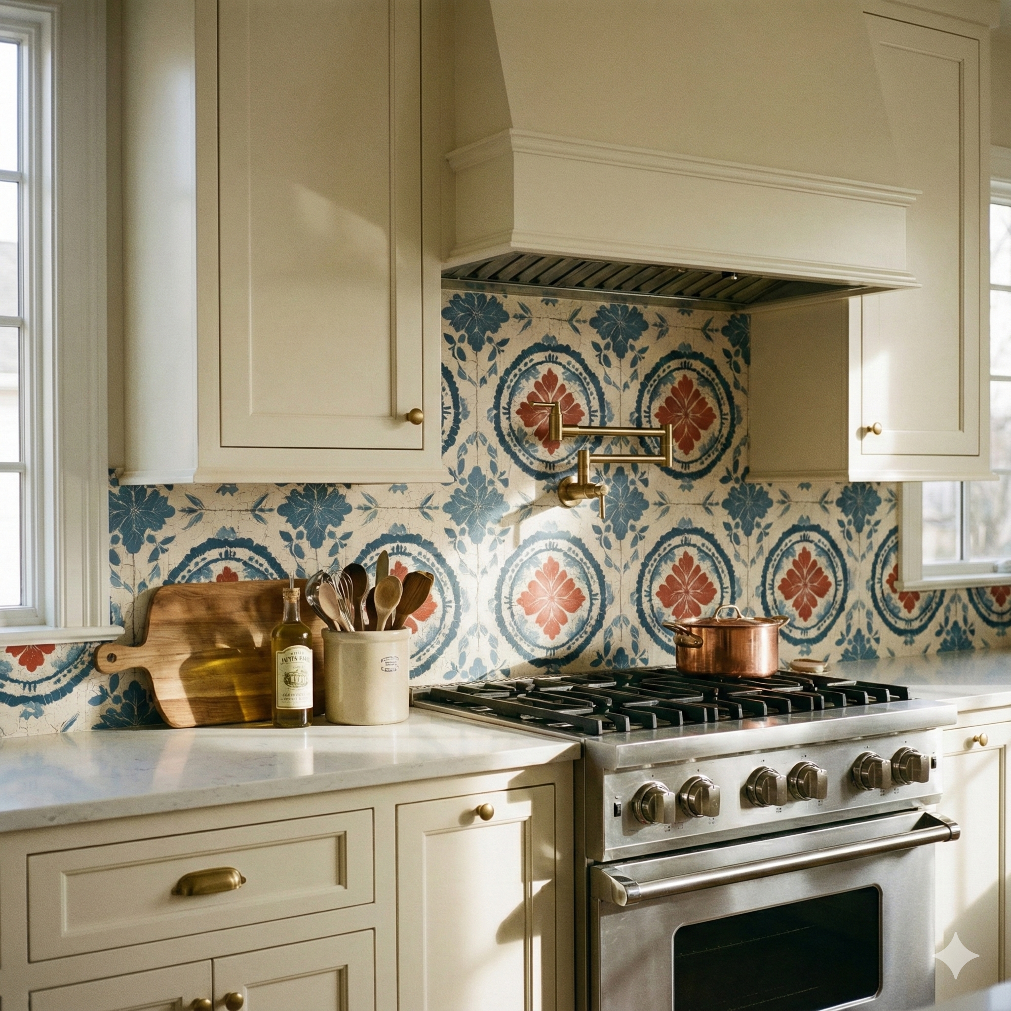 Patterned Terra Provenance Wallpaper with blue and red floral medallions, installed as a kitchen backsplash.
