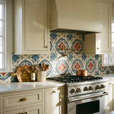 Patterned Terra Provenance Wallpaper with blue and red floral medallions, installed as a kitchen backsplash.
