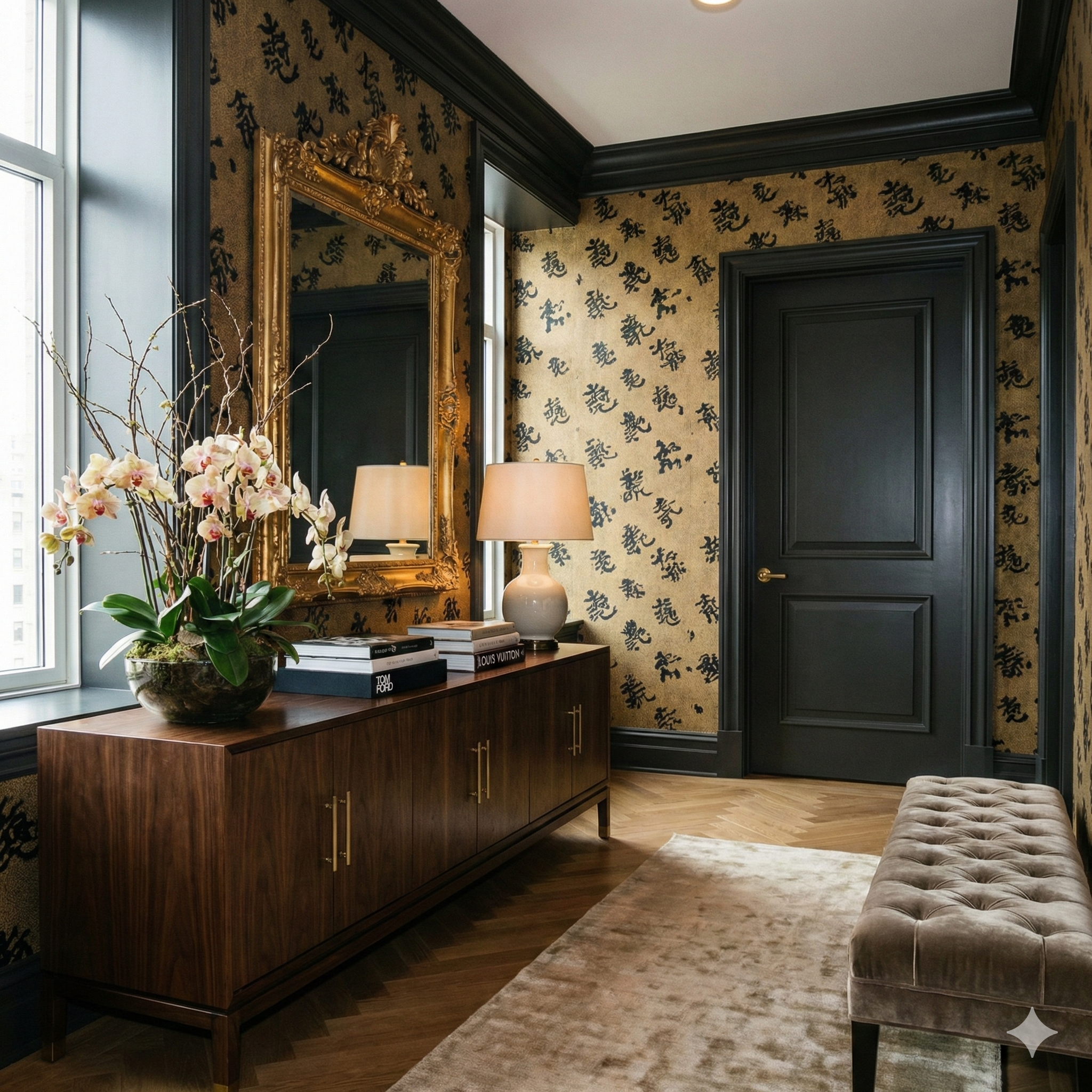 Imperial script wallpaper with a gold and black pattern featuring floral details.