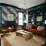 Beaconshore Terrace Wallpaper featuring a townhouse and sailboat pattern on a blue backdrop.
