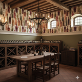 Cellar Reverie wallpaper with a wine bottle pattern on an off-white background, covering an interior room.
