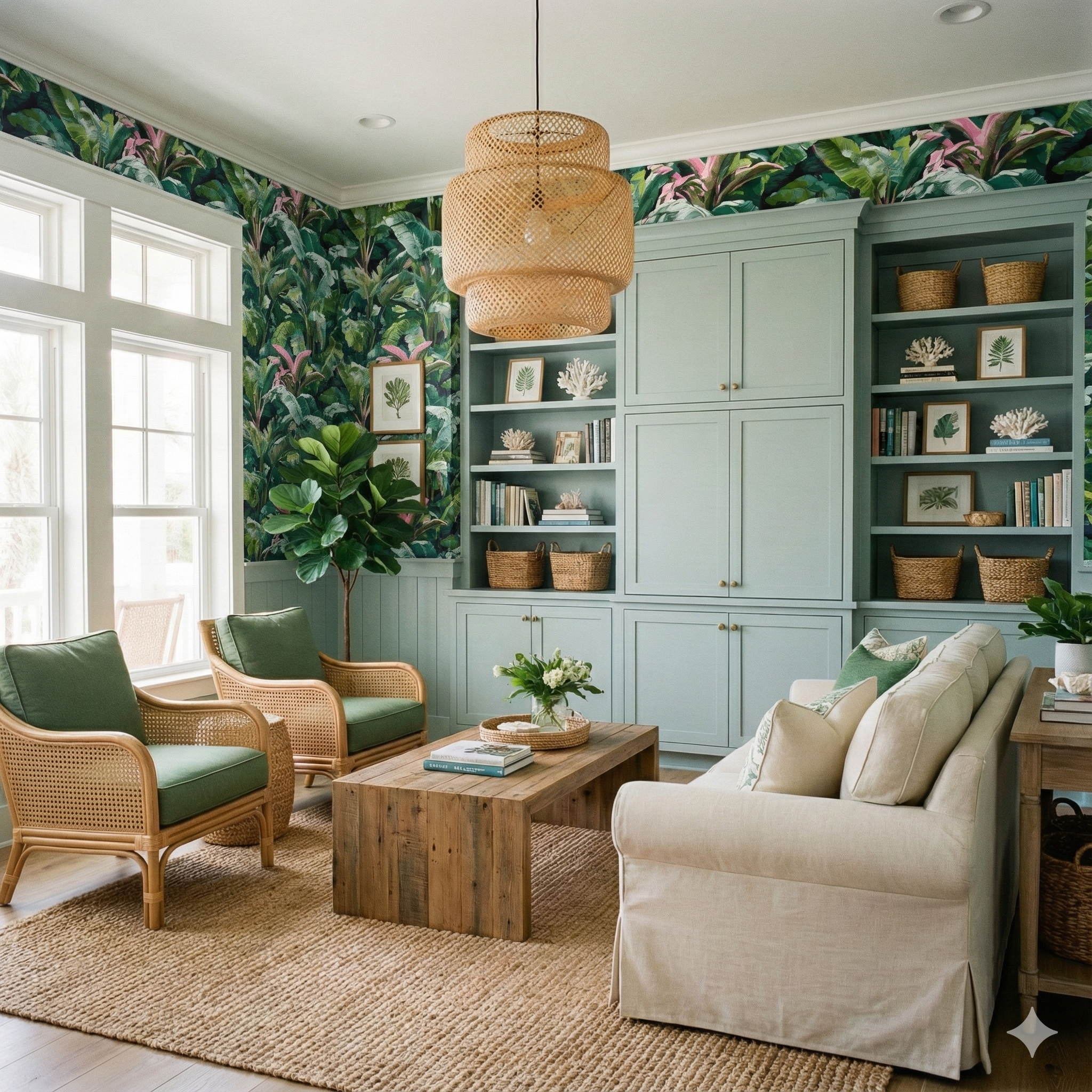 Verdanta Overlook Wallpaper with tropical foliage pattern displayed on the walls of a living room.
