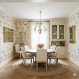 Floral vine wallpaper in a dining room, showing pink magnolias and green leaves on an off-white textured background.

