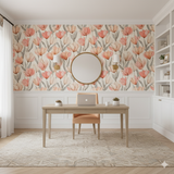 Floral field wallpaper with tulip pattern, styled in an office setting.