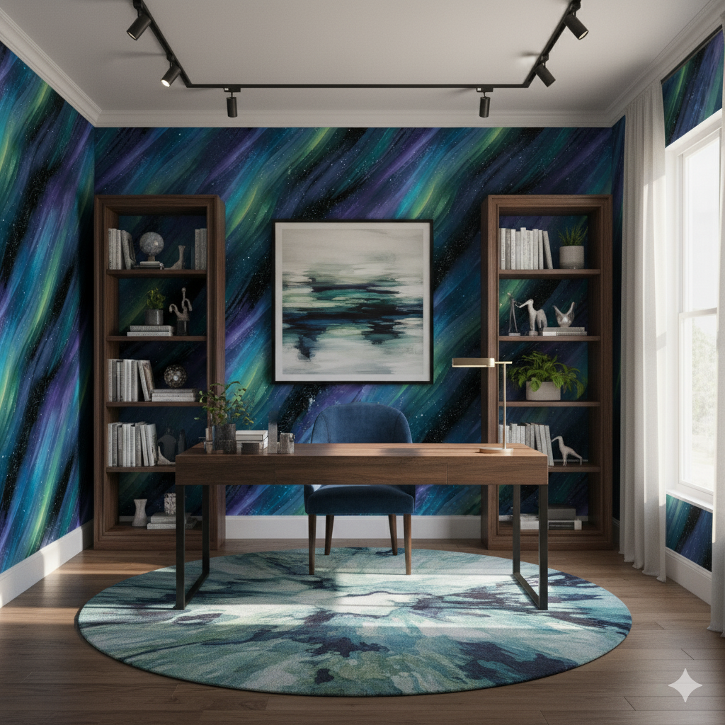 Aurora Vale Wallpaper with colorful star patterns and deep blue hues on the wall.