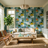 Colorful floral Tidewaltz Wallpaper with stripe details, covering the walls of a brightly lit living room.