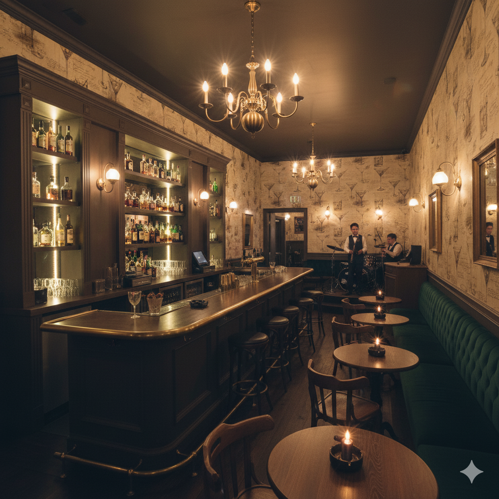 The Cartographer’s Bar Wallpaper with Martini glass design, on a bar interior with a bar counter and furniture.
