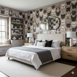 Patterned wallpaper from Lunette & Co. featuring illustrated French bulldogs in black, white, and beige.
