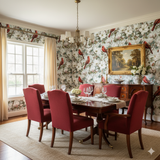 Cardinal's Rest wallpaper with cardinal bird and magnolia floral pattern, covering the dining room walls.
