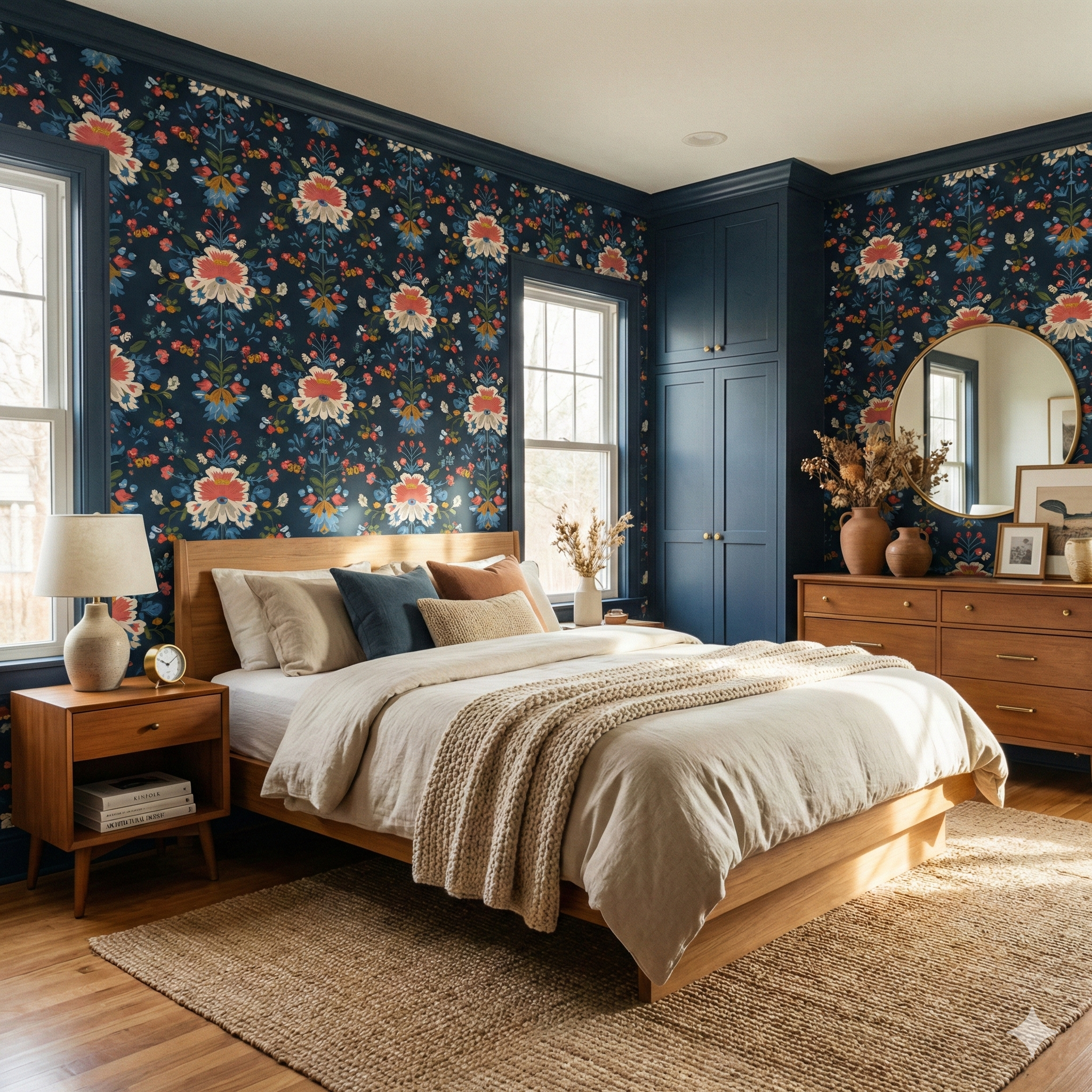 Floral patterned Lupin Crown wallpaper from Wallshoppe covering the walls of a bedroom.