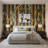 Fractured Chorus Wallpaper with colorful geometric pattern and black and white framed art above a bed.