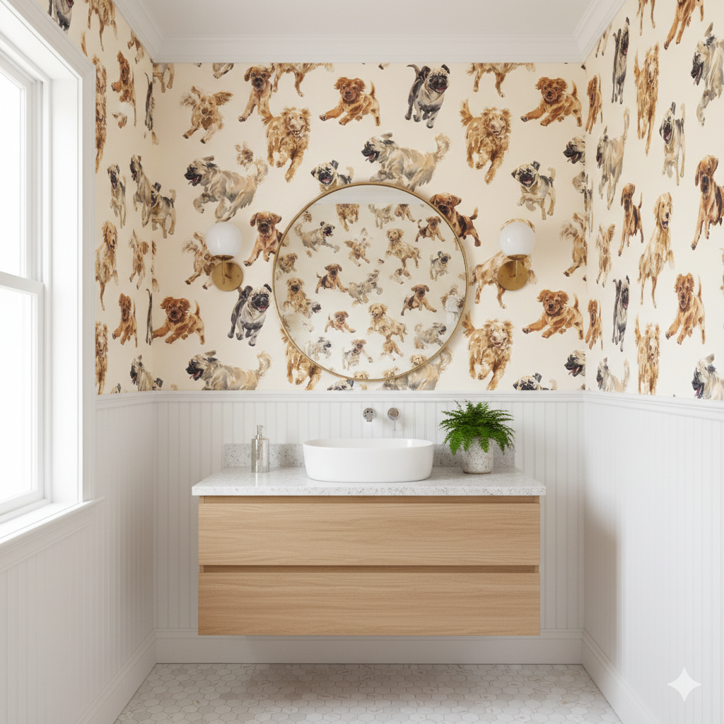 Dog-themed wallpaper with a tan background and dog illustrations by Happy Hour, displayed in a bathroom with a round mirror.
