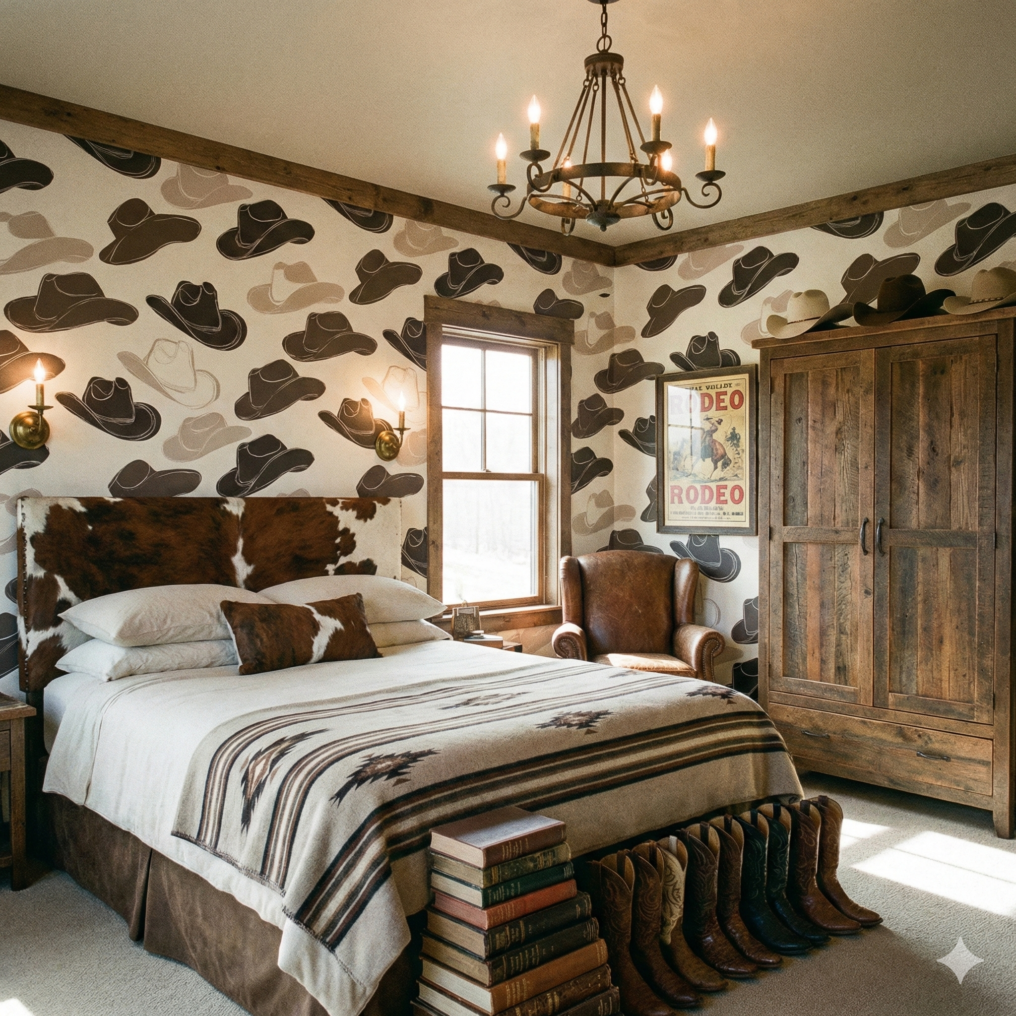 High Brim Society Wallpaper with cowboy hat pattern featuring brown and beige hues.