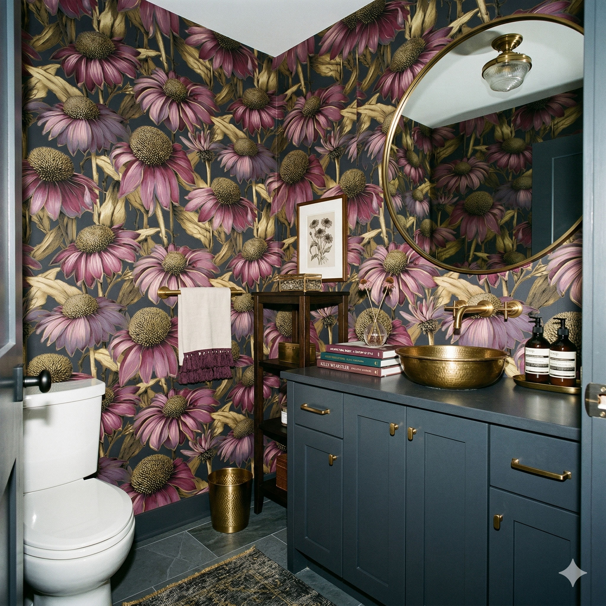 Floral wallpaper with pink coneflower pattern on dark background.
