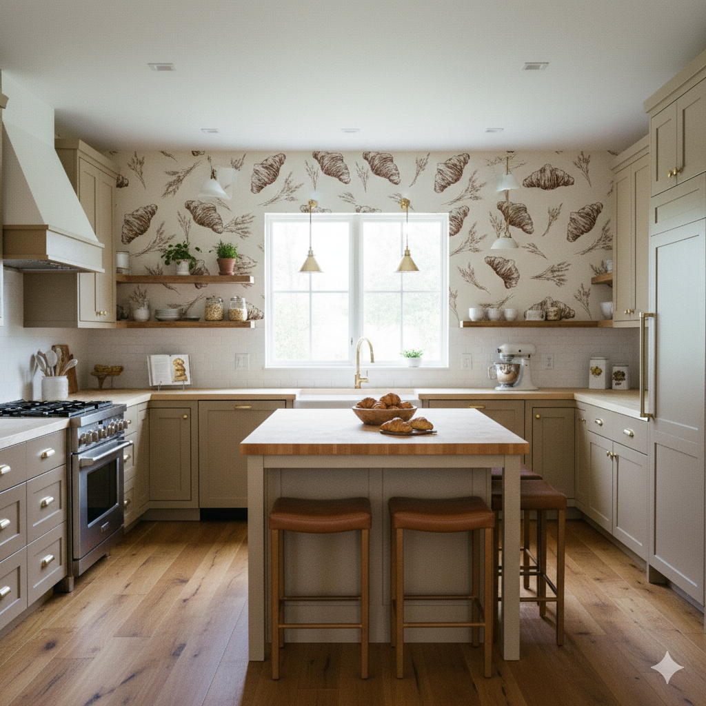 Le Matin Wallpaper with croissant pattern on the kitchen wall.