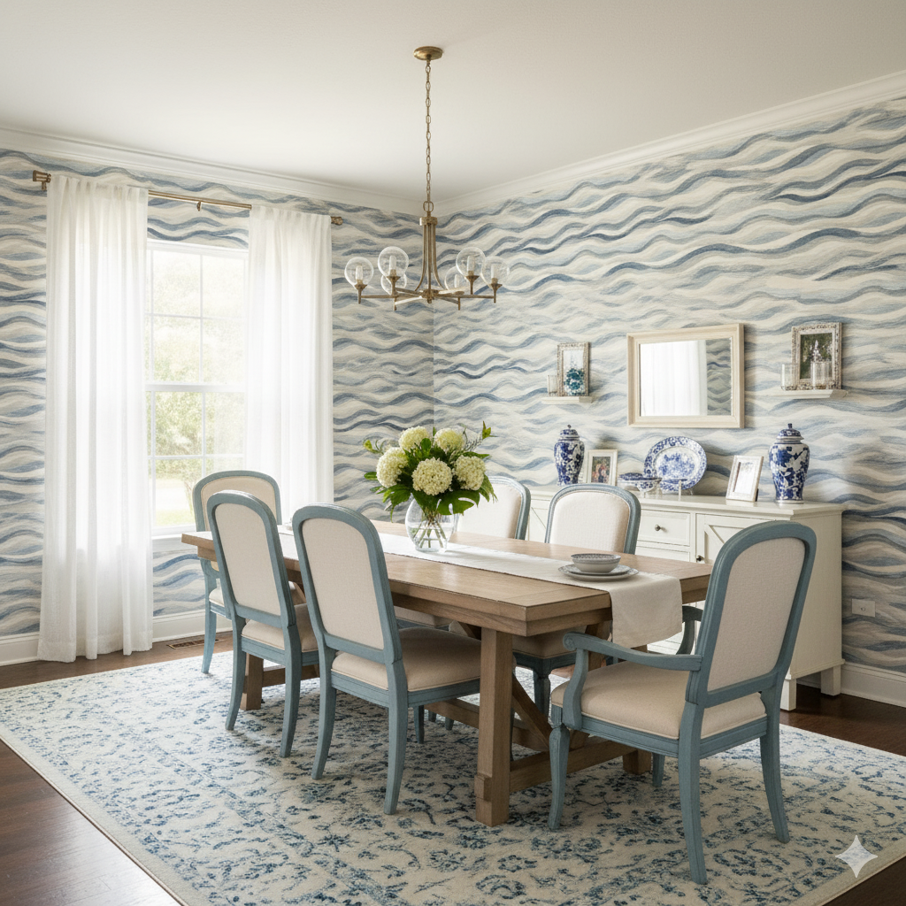 Blue and white patterned wallpaper with wave design, styled in a dining room.
