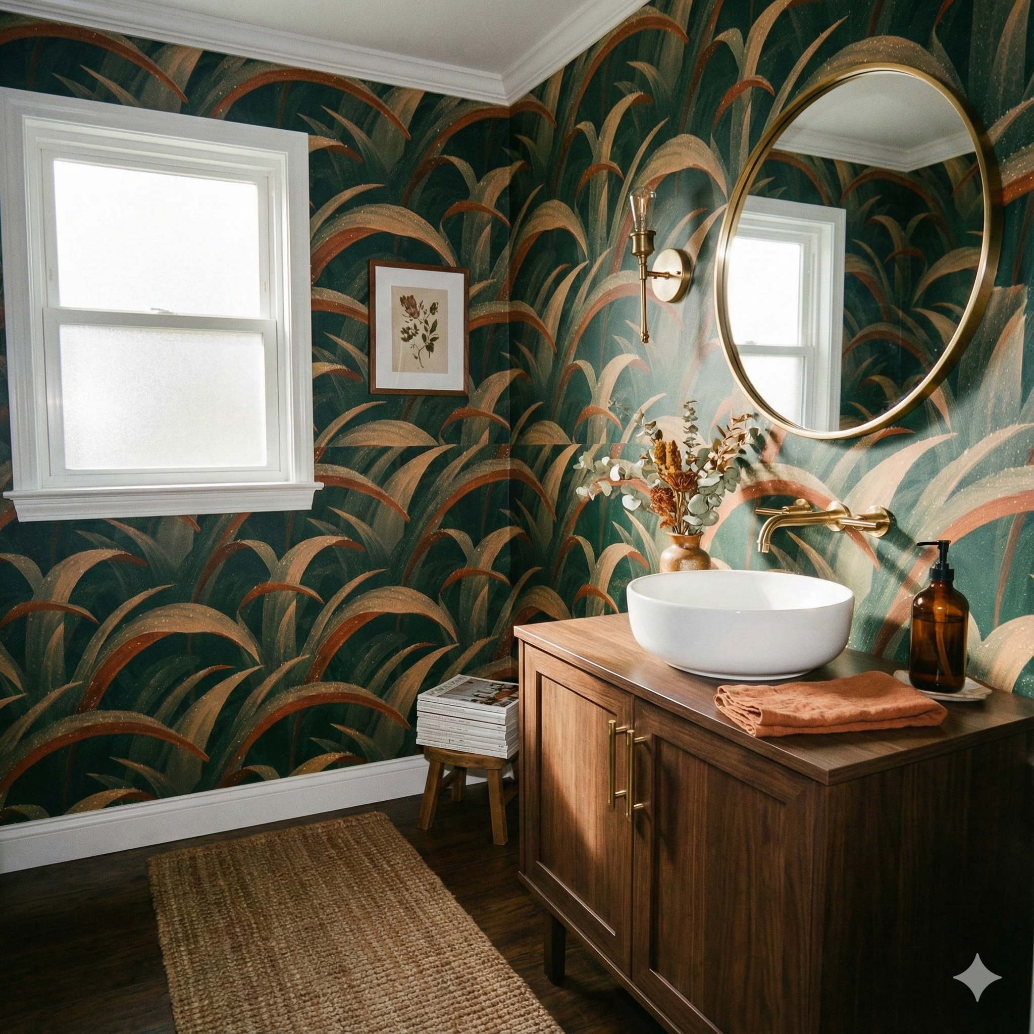 Glenhaven Arc Wallpaper with brown and green leaf pattern on the bathroom wall.