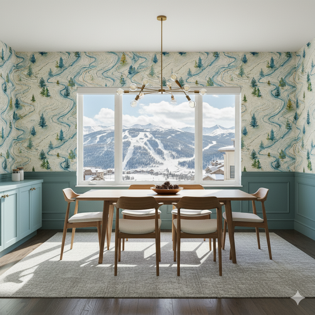 Powder Map wallpaper with snowy mountain trails and trees, covering a dining room wall.
