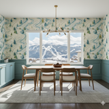 Powder Map wallpaper with snowy mountain trails and trees, covering a dining room wall.