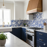 Blue patterned wallpaper from Azul Fragmenta, adorning the kitchen wall behind the stove and cabinets.