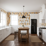 Diamond patterned wallpaper with yellow and gray hues, displaying a repeating geometric design.