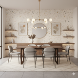 Textured Lido Grain wallpaper with multicolored flecks, styled in a dining room with furniture and decor.