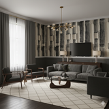 Noir wallpaper with an abstract stripe pattern, featuring black, gray, and cream vertical brushstrokes.