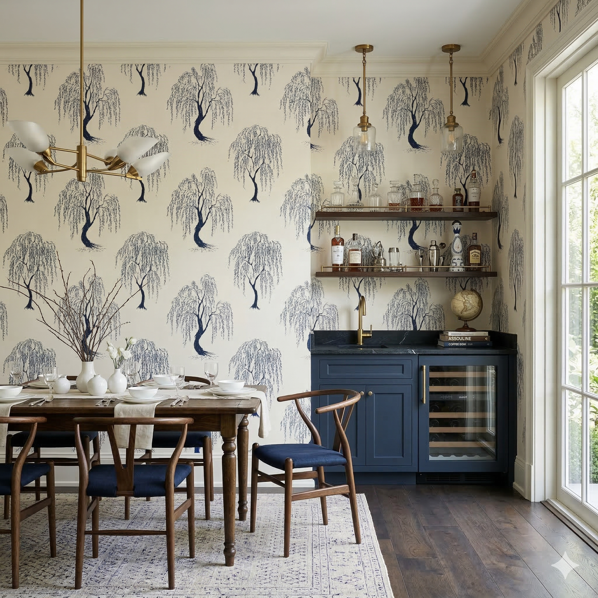 Patterned wallpaper with blue willow trees on a cream background.
