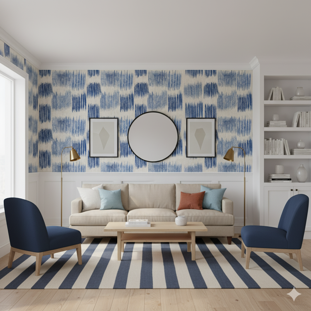 Blue and white patterned Indigo Vale Wallpaper with vertical stripe design.