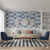 Blue and white patterned Indigo Vale Wallpaper with vertical stripe design.