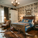 Cattle etchings wallpaper with animal pattern, visible in a styled bedroom.
