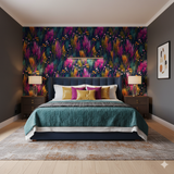 Wild Reverberation Wallpaper with floral pattern, and vibrant pinks, purples, and greens against a dark background.