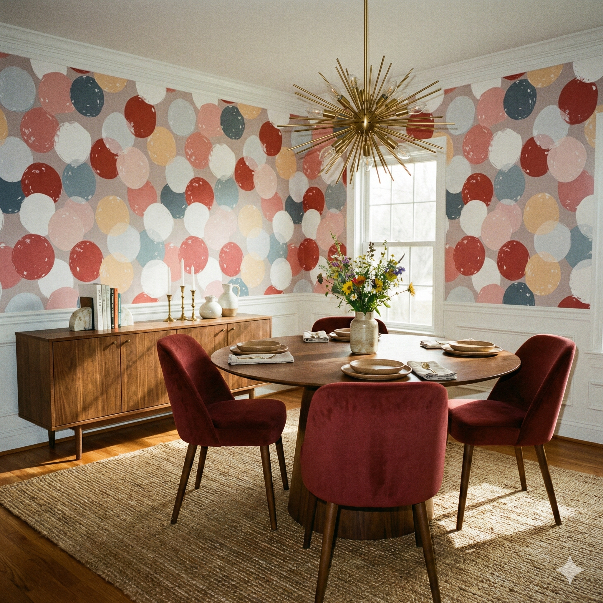 Colorful orb wallpaper with a painted polka dot pattern, styled in a dining room.
