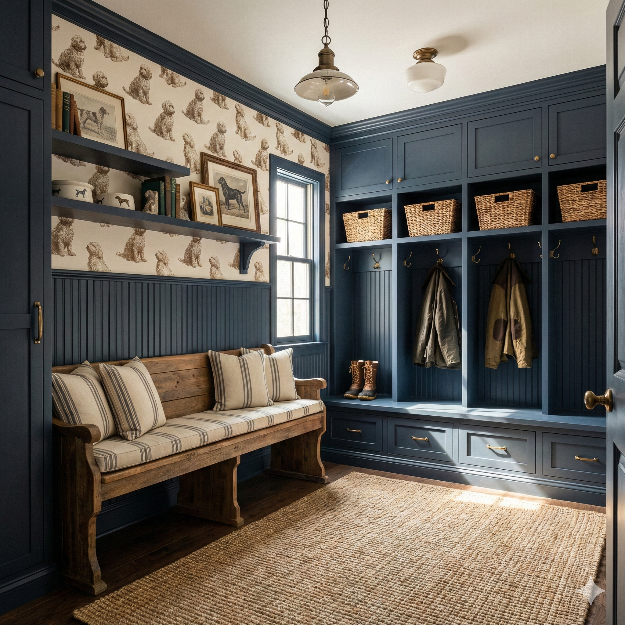 Patterned wallpaper with dog sketches by York Wallcoverings, visible above dark blue wainscoting in a stylish mudroom setting.