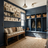Patterned wallpaper with dog sketches by York Wallcoverings, visible above dark blue wainscoting in a stylish mudroom setting.