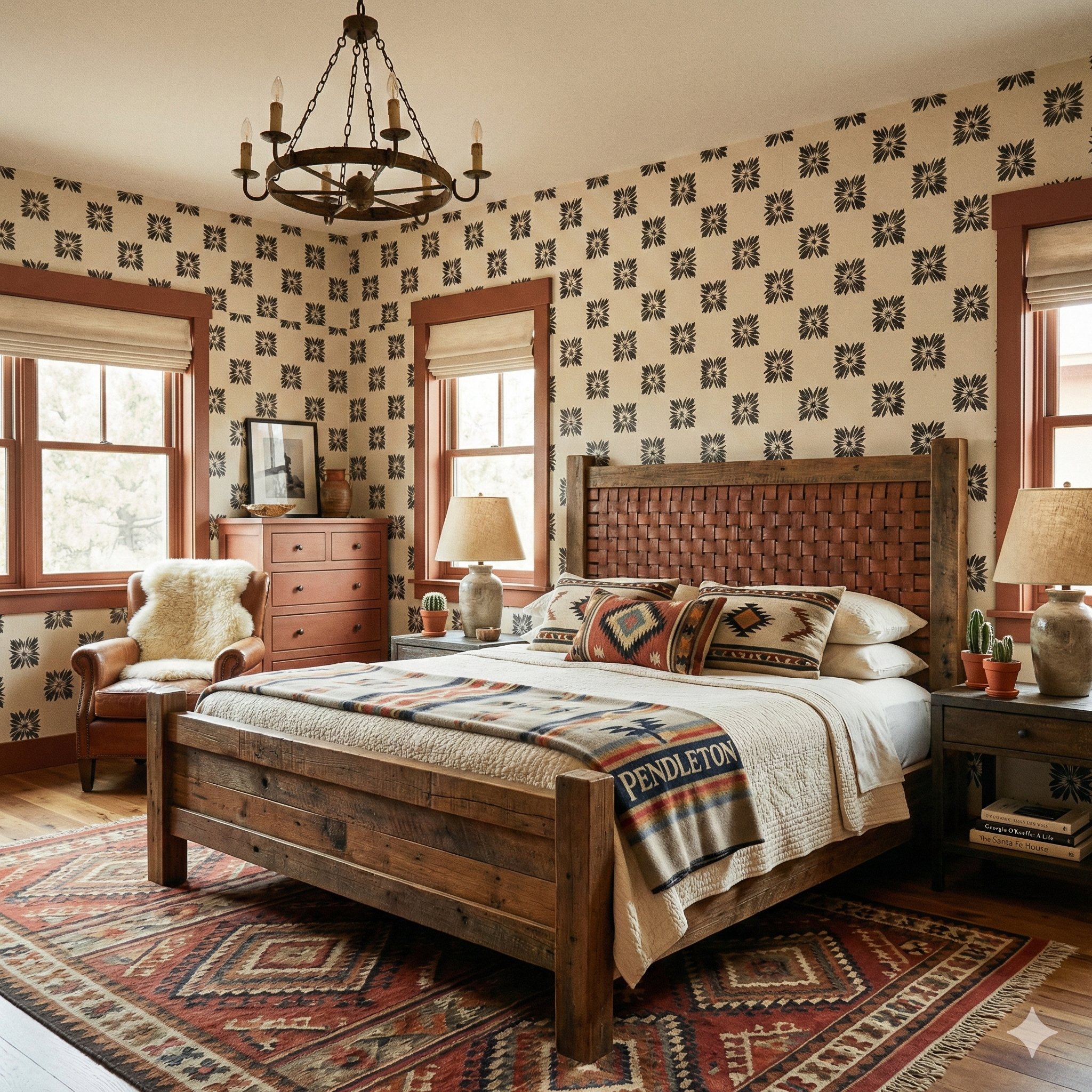 Patterned wallpaper with black floral square motifs on a beige background.