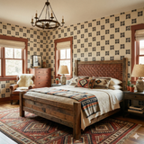 Patterned wallpaper with black floral square motifs on a beige background.