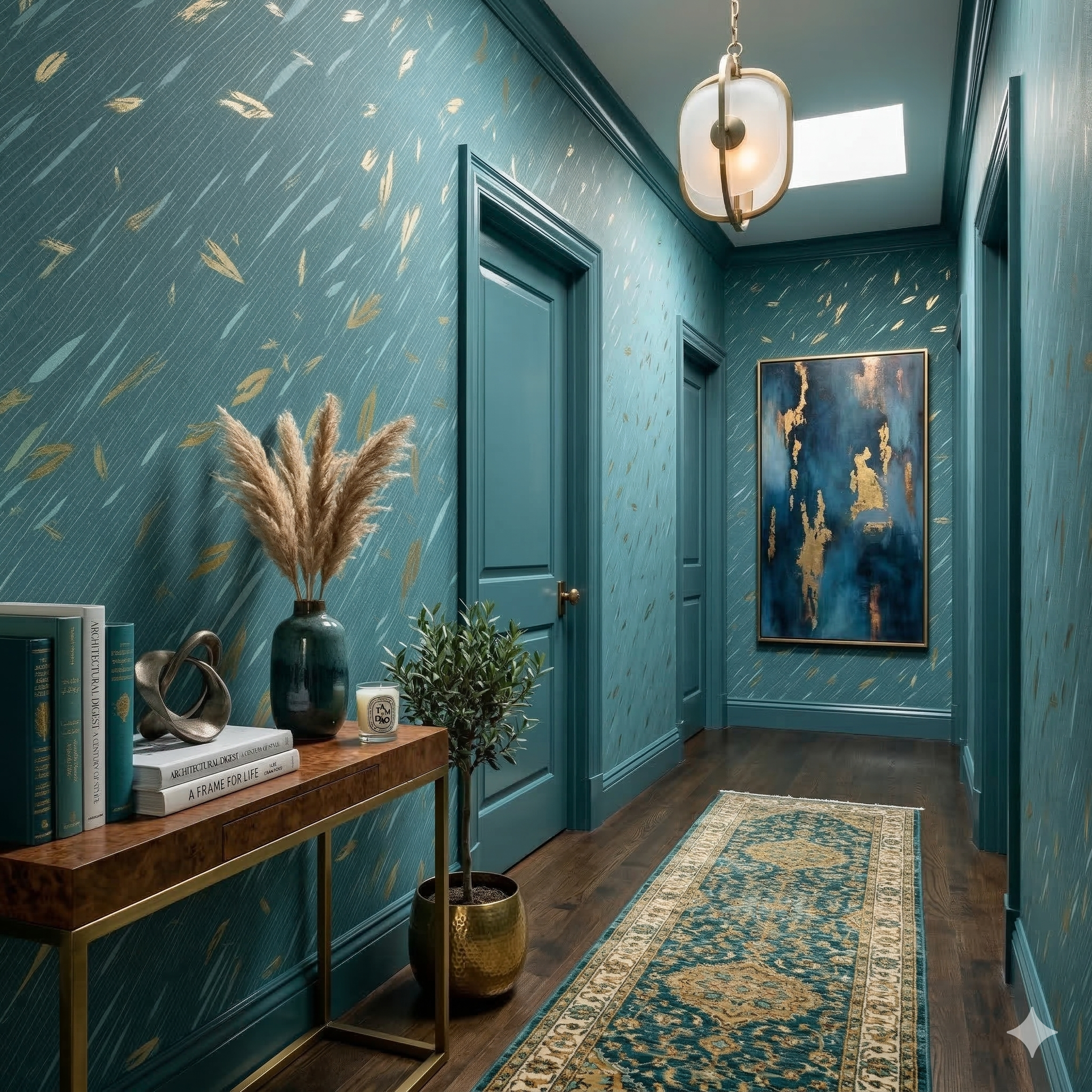 Teal Driftline Sonata Wallpaper with gold leaf accents and linear patterns.