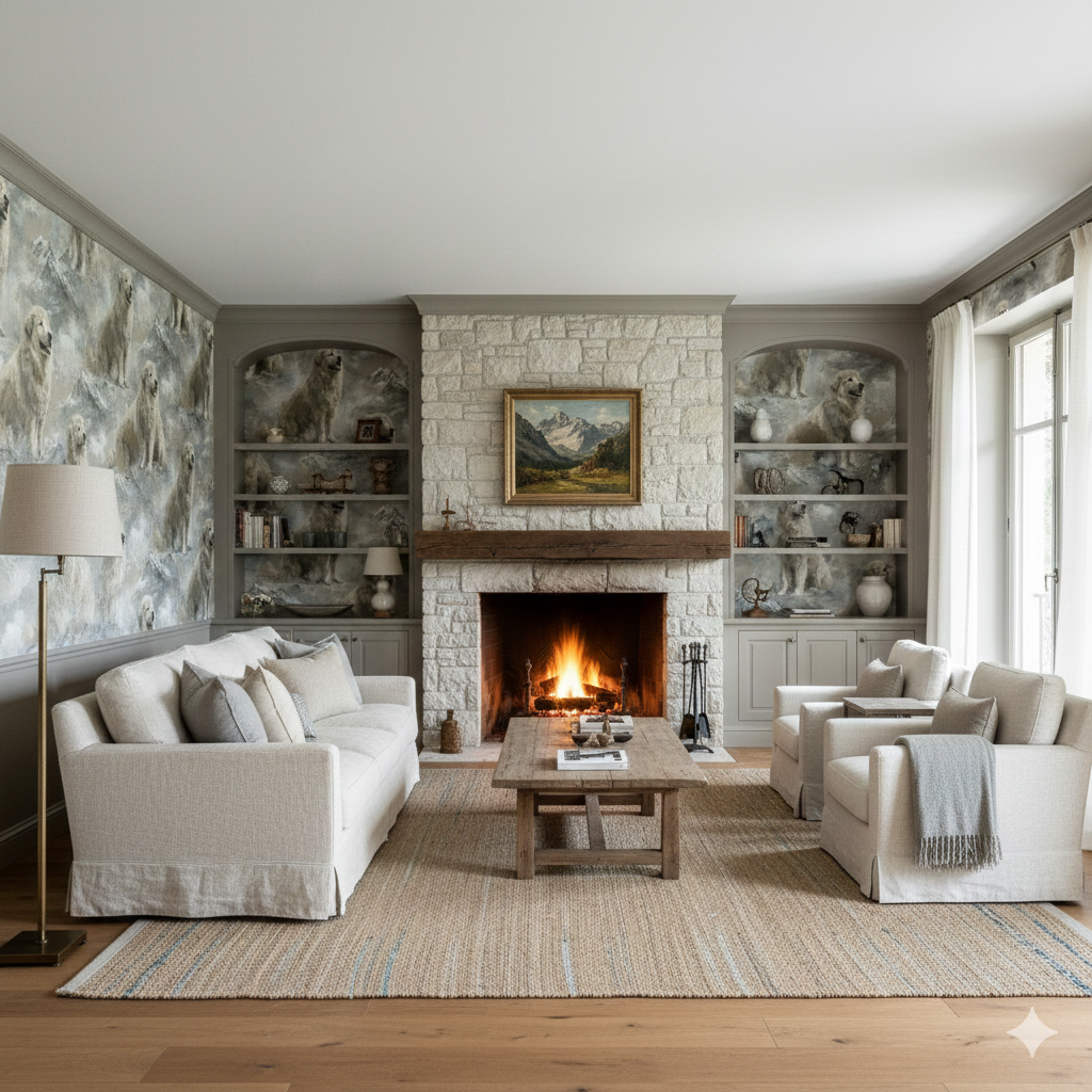 Mont Valais wallpaper with a dog pattern, mountain motifs, and a textured finish.
