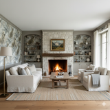 Mont Valais wallpaper with a dog pattern, mountain motifs, and a textured finish.
