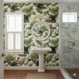 Tropical wallpaper with birds by York Wallcoverings, featuring a jungle botanical pattern in green and yellow.