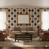 Patterned wallpaper by Kasura featuring red and blue teardrop and floral motifs against a light beige background.
