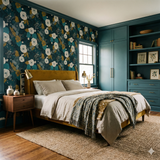 Floral Verdure Nightfall Wallpaper with a dark background, botanical motifs, and vintage style.
